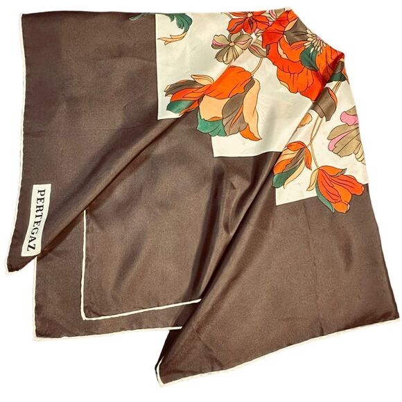 Vintage Pertegaz, Spain Brown and Orange Floral Italian Silk HeadScarf - Picture 3 of 7